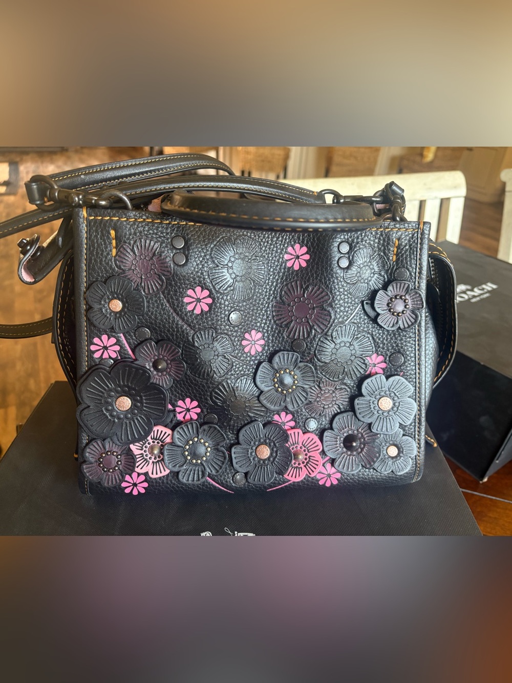 Coach Rouge 1941 Black Leather Satchel with Tea Rose Pink Floral Appliqués - Picture 2 of 9